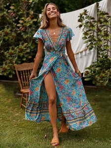 Bohemia V-neck Printed Beach Maxi Split Dresses