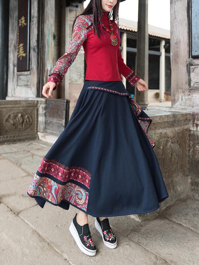 Cotton and Linen Embroidery Ethnic Style High Waist Patchwork Vintage Midi Skirts