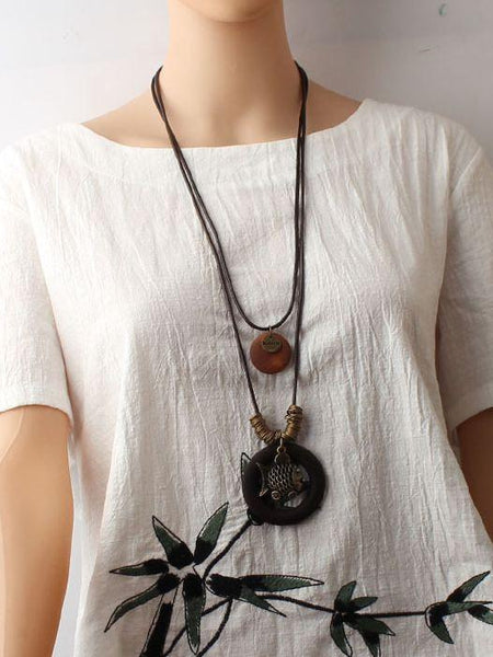 Hollow Fish Alloy Pendant Long Wax Rope Necklace Sweater Chain