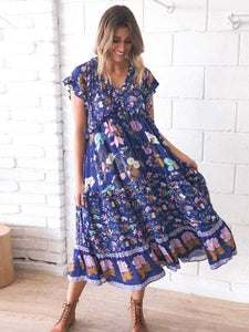navy floral boho dress frill hem V-neck loose gypsy style holiday summer dress causla chic women dress