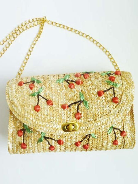 Bohemia Vacation Beach Bag Hand Embroidered Cherry Straw Woven Bag Diagonal Bag