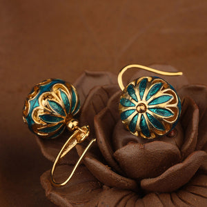 Ethnic Sky Blue Cloisonne Earrings Vintage Flower Round Drop Earrings for Women and Girl Jewelry