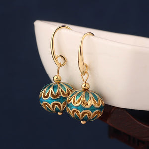 Ethnic Sky Blue Cloisonne Earrings Vintage Flower Round Drop Earrings for Women and Girl Jewelry