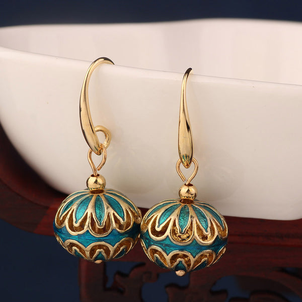 Ethnic Sky Blue Cloisonne Earrings Vintage Flower Round Drop Earrings for Women and Girl Jewelry