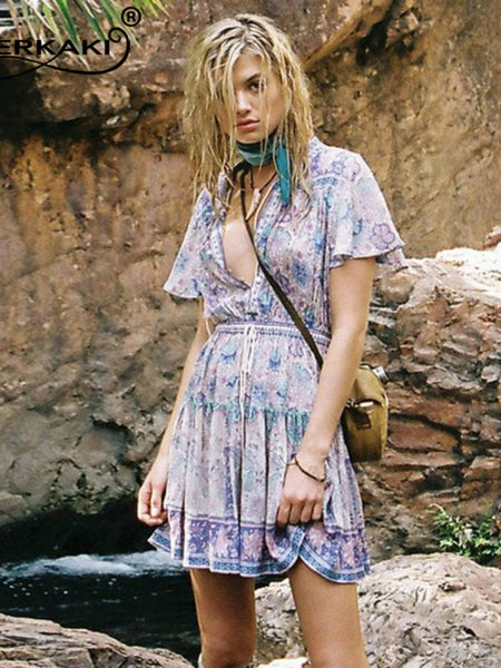Bohemian print high waist lace up dress