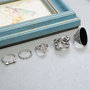 Vintage Big Black Stone Midi Ring Set Boho Antique Silver Color Knuckle Female Rings