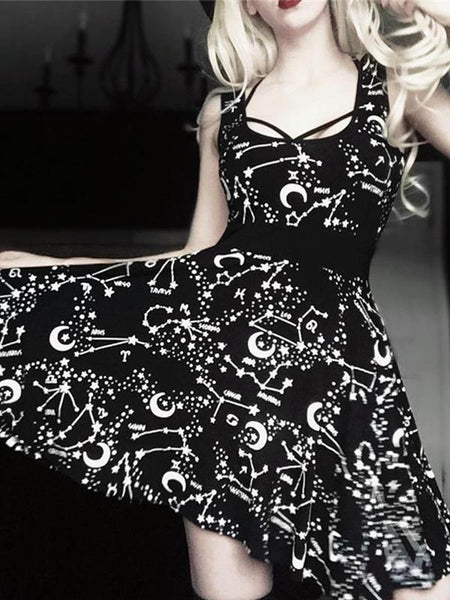 Halloween Sleeveless Gothic Style Street Punk Cosplay Black Retro Moon Printed Mini Dress