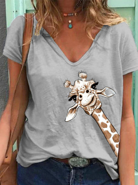 Women Simple Animal Printed V Neck Short Sleeve Tops