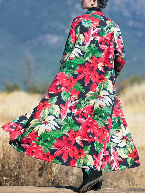 National Style Floral Retro Slim Long Cotton Velvet Robes Coat