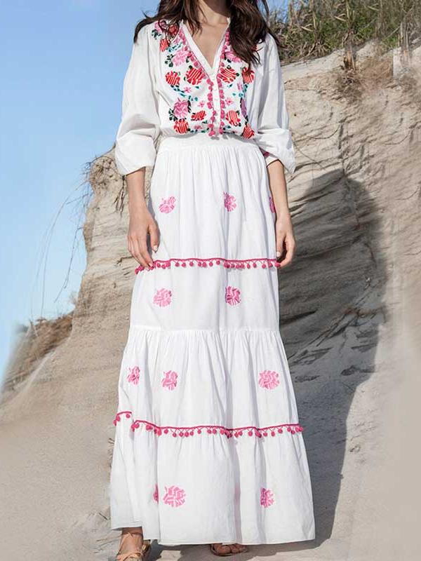 Floral Embroidered Hippie White Long Sleeve Pompom Maxi Dress