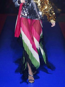 Gorgeous Peacock Elegant Diagonal Stripe Swallowtail Pleated Skirt