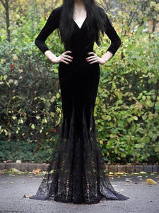 Gothic Halloween Addams Ghost Witch Costume Horror Black Lace Dress