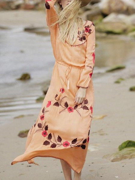 Floral Long Sleeve Split Beach Maxi Dress