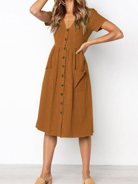 Summer Solid Color Short Sleeve Button Midi Dress