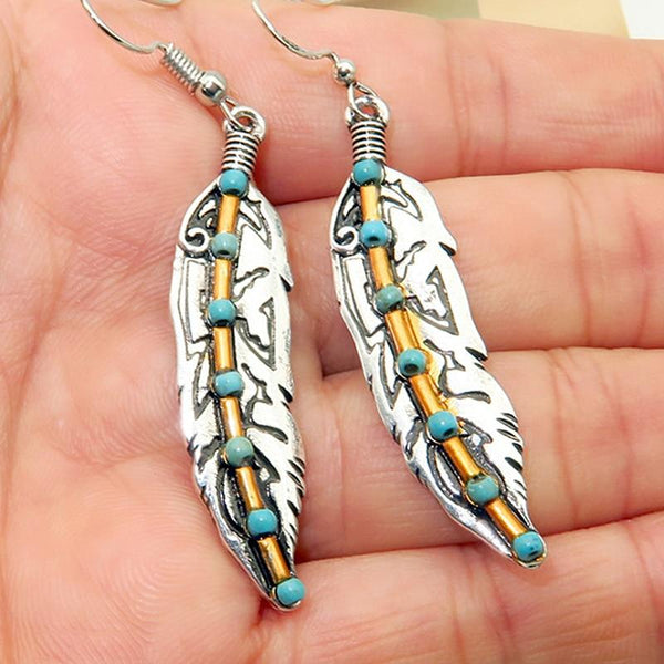 Vintage Green Beaded Feather Shape Long Drop Earrings For Women