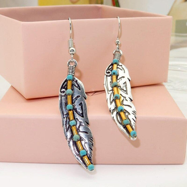 Vintage Green Beaded Feather Shape Long Drop Earrings For Women