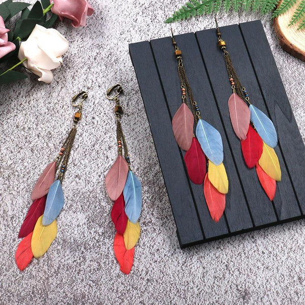 Vintage Color Feather Tassel Hanging Clip Earrings