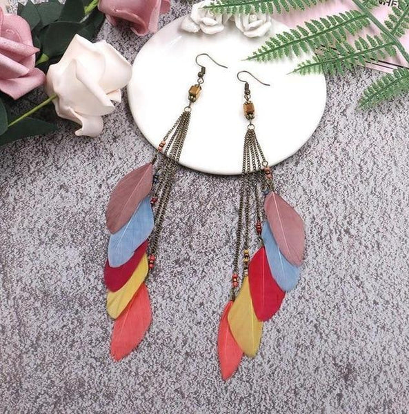 Vintage Color Feather Tassel Hanging Clip Earrings