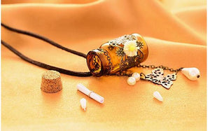 Long Leather String Of Carve Designs On Woodwork Cork Wish Bottle Necklace