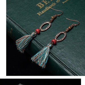 Antique Vintage Bohemian Ethnic Tassel Fringe Leaf Stones Earrings