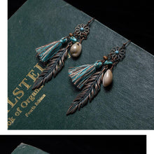 Load image into Gallery viewer, Antique Vintage Bohemian Ethnic Tassel Fringe Leaf Stones Earrings
