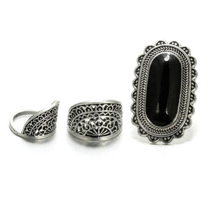 Vintage Silver Color Big Black Rhinestone Rings for Women