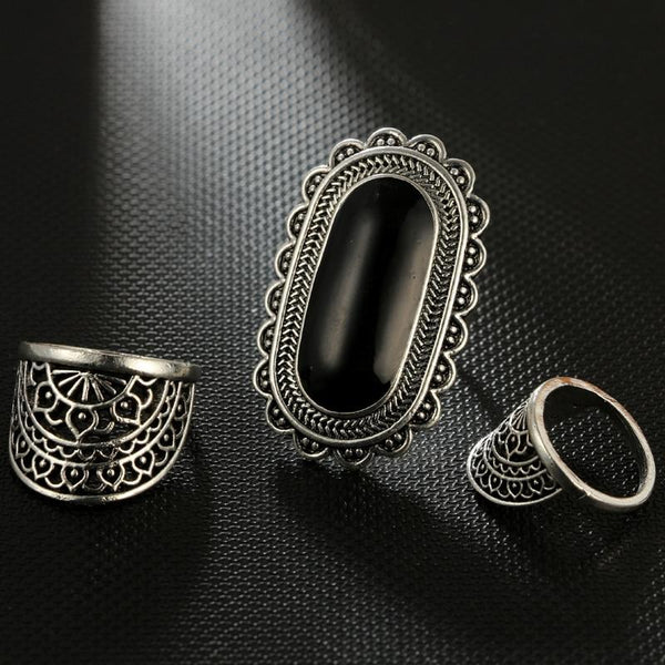 Vintage Silver Color Big Black Rhinestone Rings for Women