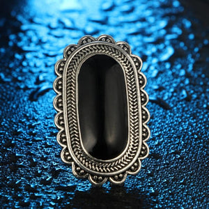 Vintage Silver Color Big Black Rhinestone Rings for Women
