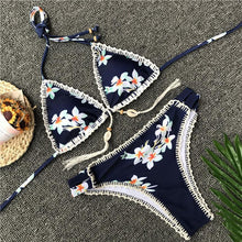 Load image into Gallery viewer, Dark Blue Hand-woven shell with split-body printing bathing suit Low Waist Swimwear-Women