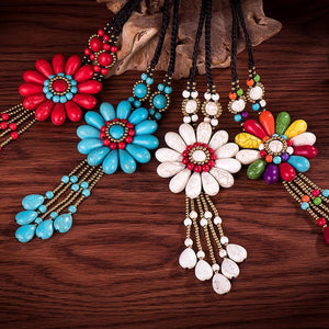 Women Boho Long Natural Stone Tassel Flower Vintage Ethnic Style Statement Necklace