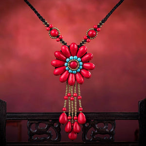 Women Boho Long Natural Stone Tassel Flower Vintage Ethnic Style Statement Necklace