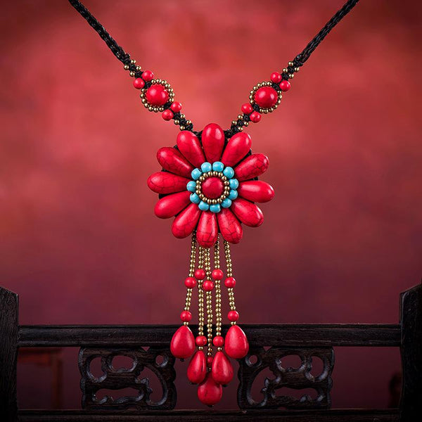 Women Boho Long Natural Stone Tassel Flower Vintage Ethnic Style Statement Necklace