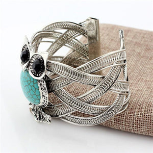 Bohemian Vintage Turquoise Silver Color Bracelet Owl Open Cuff Bracelets Jewelry