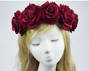 Bride Women Rose Flower Crown Hairband Wedding Festival Elastic Headwear