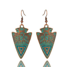 Load image into Gallery viewer, Triangle Totem Bohemian Statement Exaggerated antique Green metal Earrings