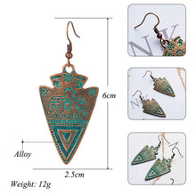 Load image into Gallery viewer, Triangle Totem Bohemian Statement Exaggerated antique Green metal Earrings