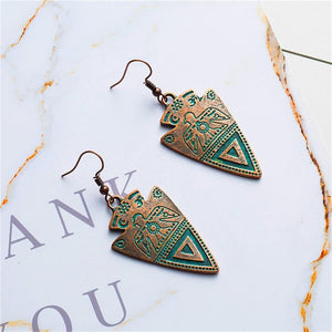 Triangle Totem Bohemian Statement Exaggerated antique Green metal Earrings