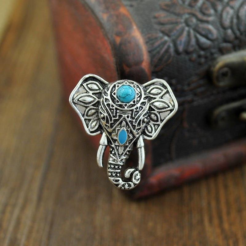 Vintage Elephant Head Alloy Finger Bohemian Lovely Blue Bead Ring