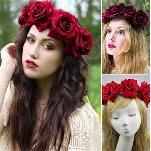 Bride Women Rose Flower Crown Hairband Wedding Festival Elastic Headwear