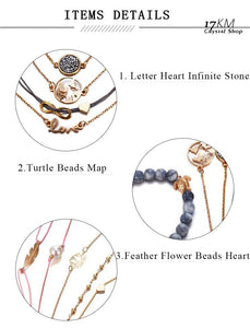 Vintage Turtle Heart Map Charm Beads Bracelet Set Boho Jewelry