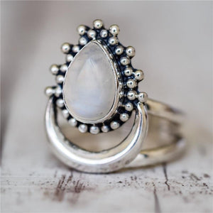 Women Bohemian Fashion Silver Color Natural Stone Moon White Opal Ring Jewelry
