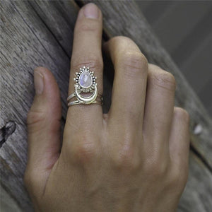 Women Bohemian Fashion Silver Color Natural Stone Moon White Opal Ring Jewelry
