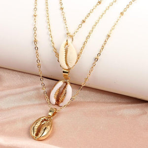 Three Layers Shell Pendant Necklace Natural Shell Gold Cowrie Women Necklace Bohemian Jewelry