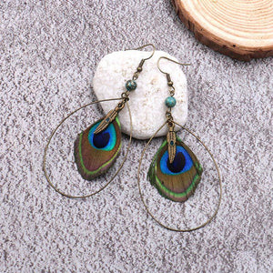 Boho Vintage Feather Peacock Metal Circle Earring Jewelry