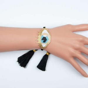 Boho Evil Eye Bracelet Gold Delica Seed Beads Tassel Women Jewelry