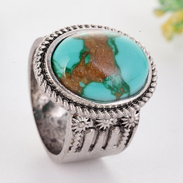 Large Blue Stone Vintage Boho Antique Silver Color Ring