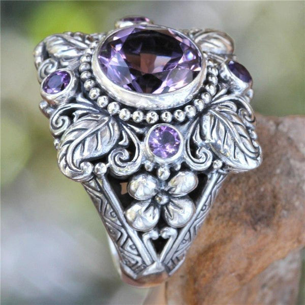 Vintage Boho Flower Purple Crystal Finger Ring Bohemian Jewelry