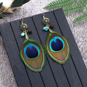 Vintage Peacock Feather Piercing Clip Earrings for Women
