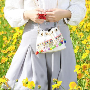 Boho Women Bucket Canvas Retro Embroidery Pom Mini Shoulder Bags