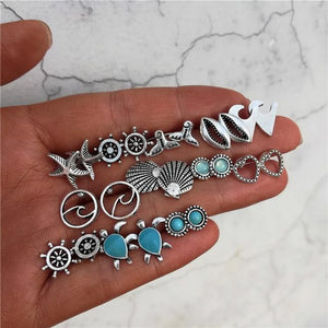 Bohemian Starfish Wave Turtle Shell Stud Earrings Set For Women Vintage Rudder Heart Round Earring Statement Jewelry